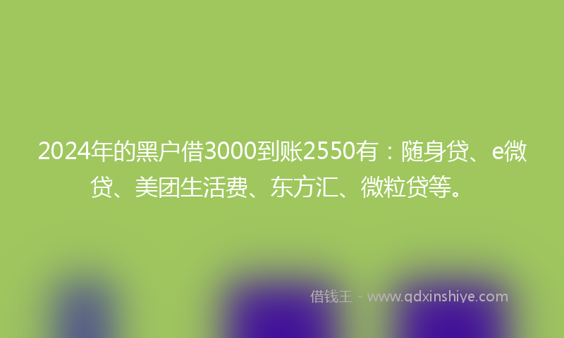 2024年的黑户借3000到账2550有:随身贷、e微贷、美团生活费、东方汇、微粒贷等。