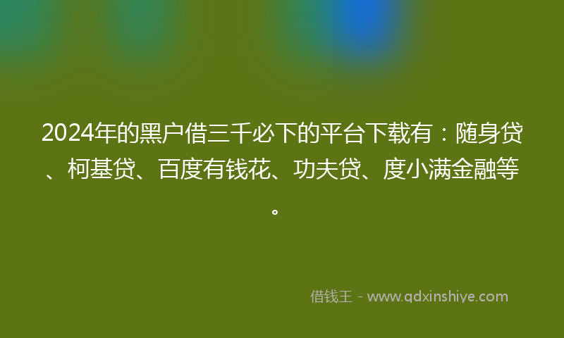 2024年的黑户借三千必下的平台下载有：随身贷、柯基贷、百度有钱花、功夫贷、度小满金融等。