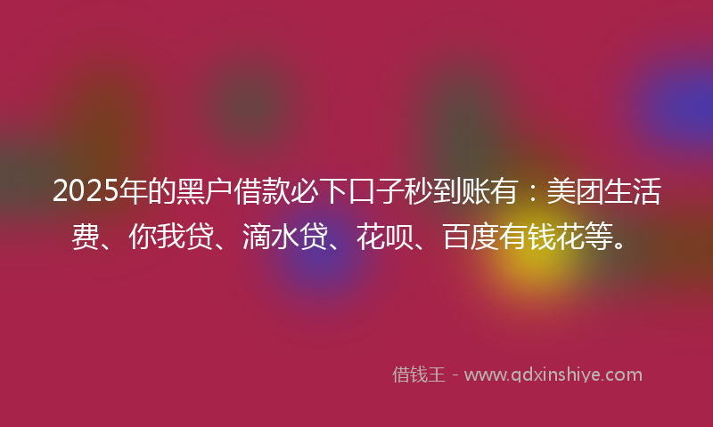 2025年的黑户借款必下口子秒到账有：美团生活费、你我贷、滴水贷、花呗、百度有钱花等。
