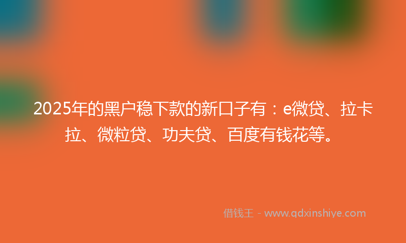 2025年的黑户稳下款的新口子有：e微贷、拉卡拉、微粒贷、功夫贷、百度有钱花等。