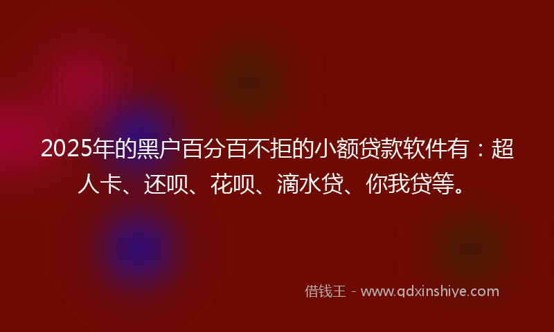 2025年的黑户百分百不拒的小额贷款软件有：超人卡、还呗、花呗、滴水贷、你我贷等。