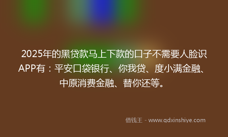 2025年的黑贷款马上下款的口子不需要人脸识APP有：平安口袋银行、你我贷、度小满金融、中原消费金融、替你还等。
