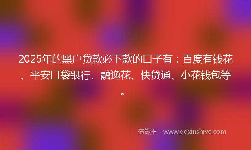 2025年的黑户贷款必下款的口子有：百度有钱花、平安口袋银行、融逸花、快贷通、小花钱包等。