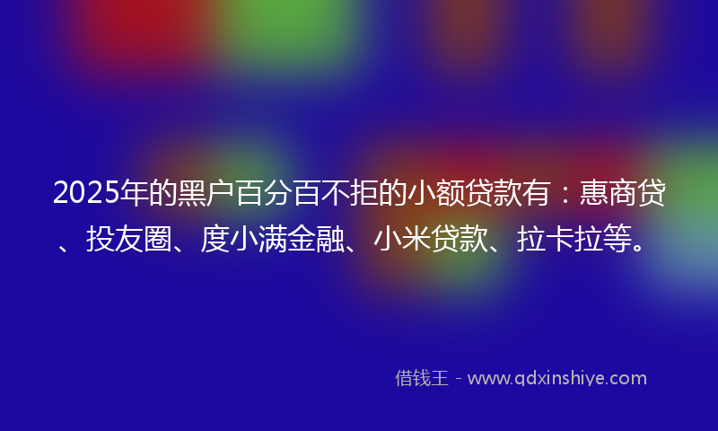2025年的黑户百分百不拒的小额贷款有：惠商贷、投友圈、度小满金融、小米贷款、拉卡拉等。