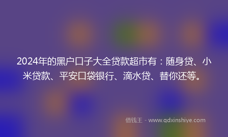 2024年的黑户口子大全贷款超市有：随身贷、小米贷款、平安口袋银行、滴水贷、替你还等。