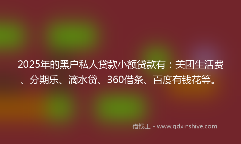 2025年的黑户私人贷款小额贷款有：美团生活费、分期乐、滴水贷、360借条、百度有钱花等。