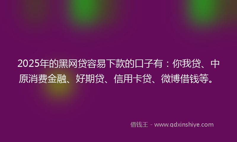 2025年的黑网贷容易下款的口子有：你我贷、中原消费金融、好期贷、信用卡贷、微博借钱等。
