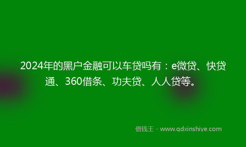 2024年的黑户金融可以车贷吗有：e微贷、快贷通、360借条、功夫贷、人人贷等。
