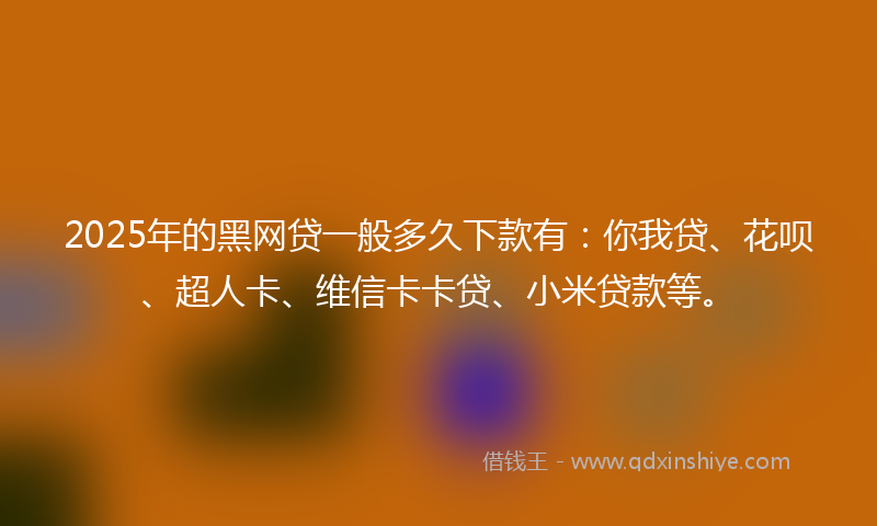 2025年的黑网贷一般多久下款有：你我贷、花呗、超人卡、维信卡卡贷、小米贷款等。