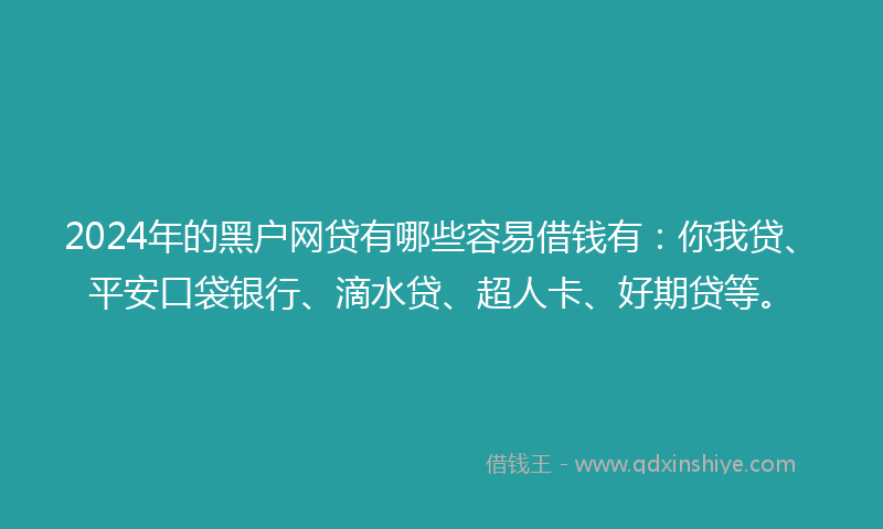 2024年的黑户网贷有哪些容易借钱有：你我贷、平安口袋银行、滴水贷、超人卡、好期贷等。