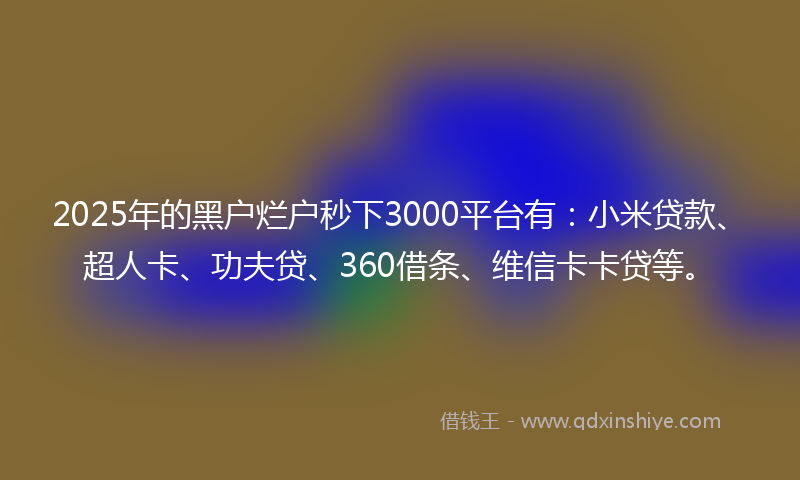 2025年的黑户烂户秒下3000平台有：小米贷款、超人卡、功夫贷、360借条、维信卡卡贷等。