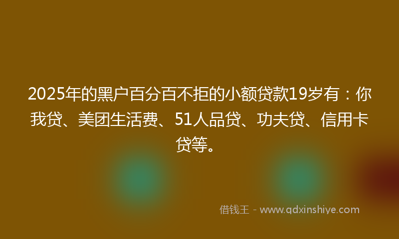 2025年的黑户百分百不拒的小额贷款19岁有：你我贷、美团生活费、51人品贷、功夫贷、信用卡贷等。