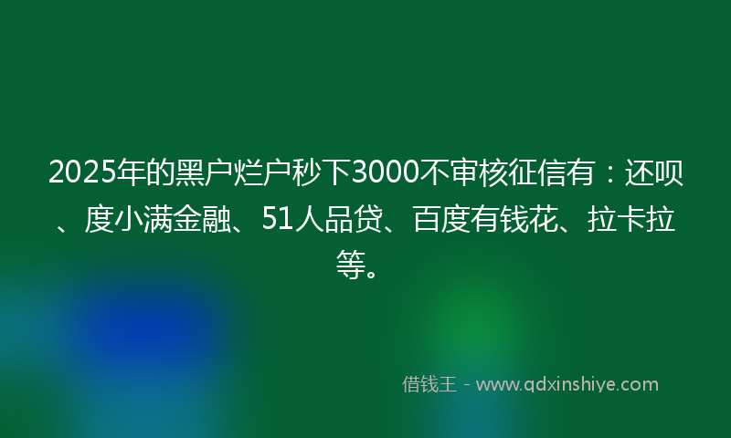 2025年的黑户烂户秒下3000不审核征信有：还呗、度小满金融、51人品贷、百度有钱花、拉卡拉等。