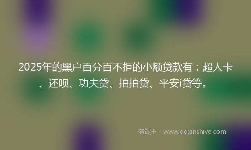 2025年的黑户百分百不拒的小额贷款有：超人卡、还呗、功夫贷、拍拍贷、平安i贷等。