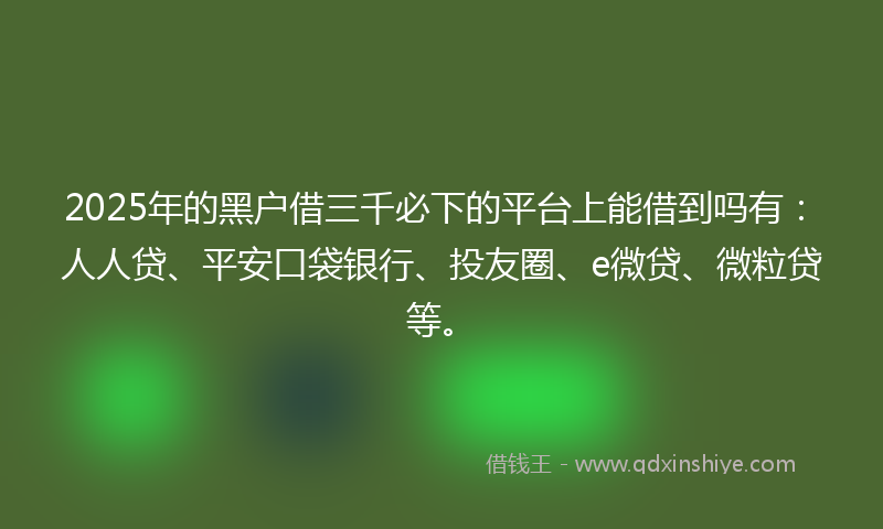 2025年的黑户借三千必下的平台上能借到吗有：人人贷、平安口袋银行、投友圈、e微贷、微粒贷等。