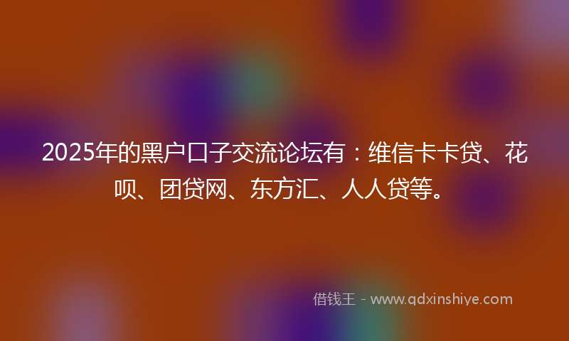 2025年的黑户口子交流论坛有：维信卡卡贷、花呗、团贷网、东方汇、人人贷等。