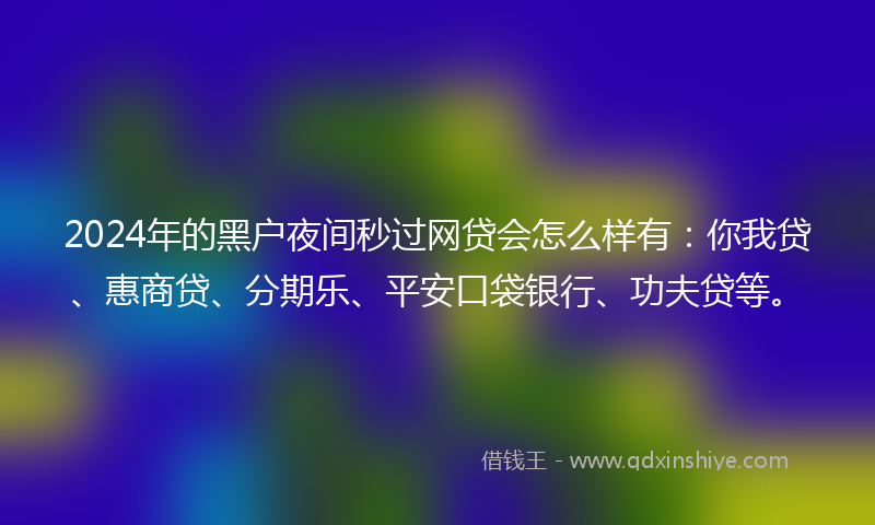 2024年的黑户夜间秒过网贷会怎么样有：你我贷、惠商贷、分期乐、平安口袋银行、功夫贷等。