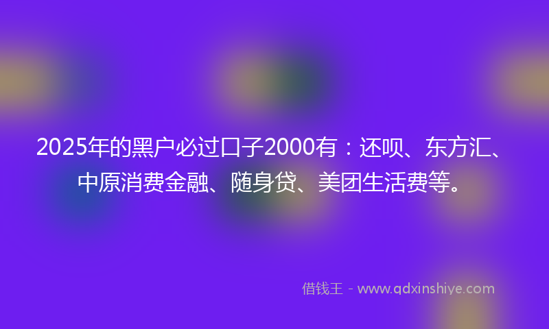 2025年的黑户必过口子2000有：还呗、东方汇、中原消费金融、随身贷、美团生活费等。