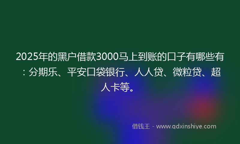 2025年的黑户借款3000马上到账的口子有哪些有：分期乐、平安口袋银行、人人贷、微粒贷、超人卡等。