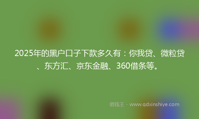 2025年的黑户口子下款多久有：你我贷、微粒贷、东方汇、京东金融、360借条等。