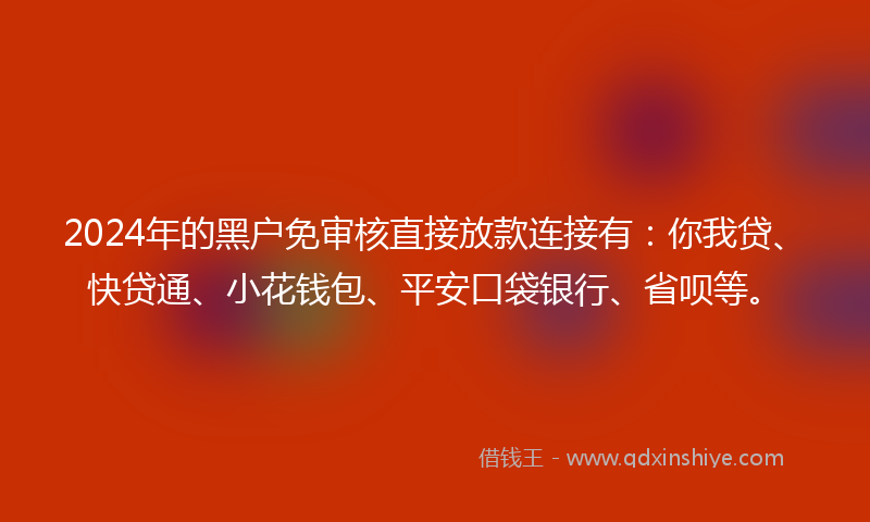 2024年的黑户免审核直接放款连接有：你我贷、快贷通、小花钱包、平安口袋银行、省呗等。