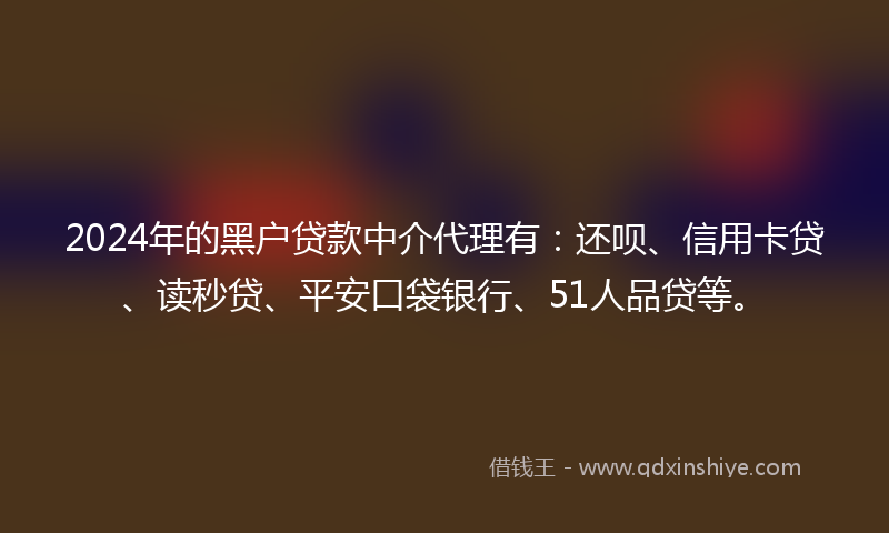 2024年的黑户贷款中介代理有：还呗、信用卡贷、读秒贷、平安口袋银行、51人品贷等。