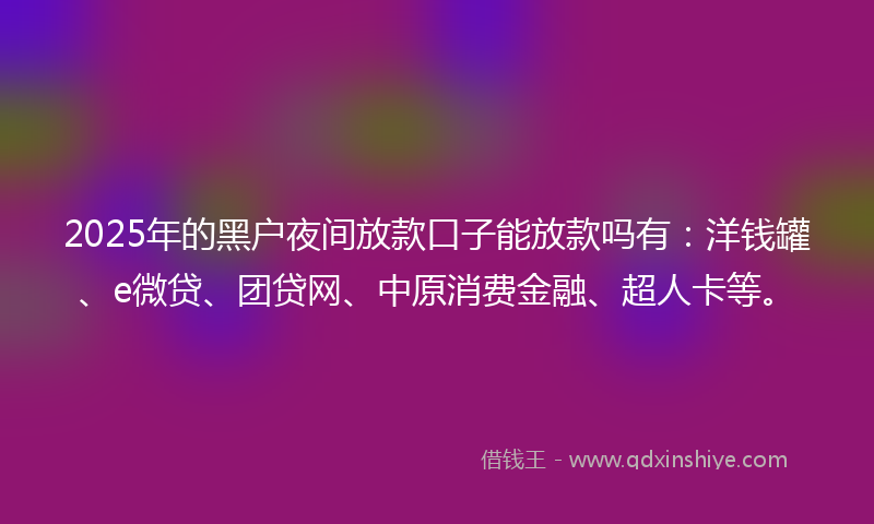 2025年的黑户夜间放款口子能放款吗有：洋钱罐、e微贷、团贷网、中原消费金融、超人卡等。