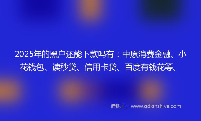 2025年的黑户还能下款吗有：中原消费金融、小花钱包、读秒贷、信用卡贷、百度有钱花等。