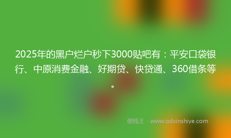 2025年的黑户烂户秒下3000贴吧有：平安口袋银行、中原消费金融、好期贷、快贷通、360借条等。