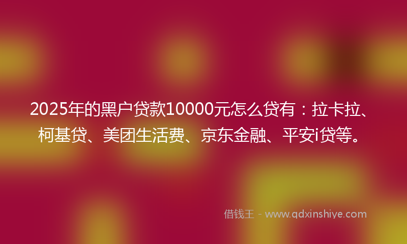 2025年的黑户贷款10000元怎么贷有：拉卡拉、柯基贷、美团生活费、京东金融、平安i贷等。
