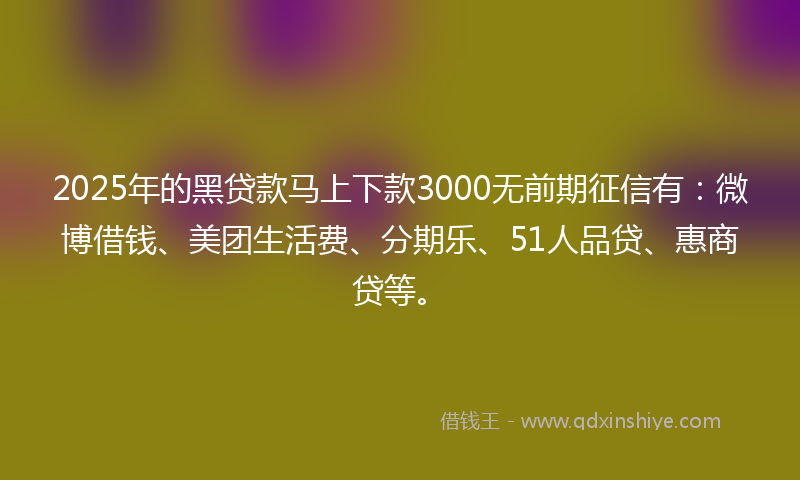 2025年的黑贷款马上下款3000无前期征信有：微博借钱、美团生活费、分期乐、51人品贷、惠商贷等。