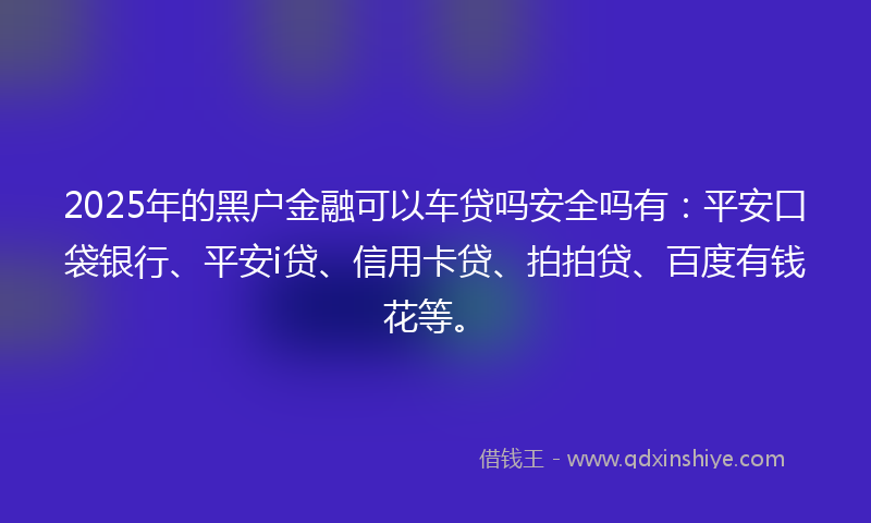 2025年的黑户金融可以车贷吗安全吗有：平安口袋银行、平安i贷、信用卡贷、拍拍贷、百度有钱花等。