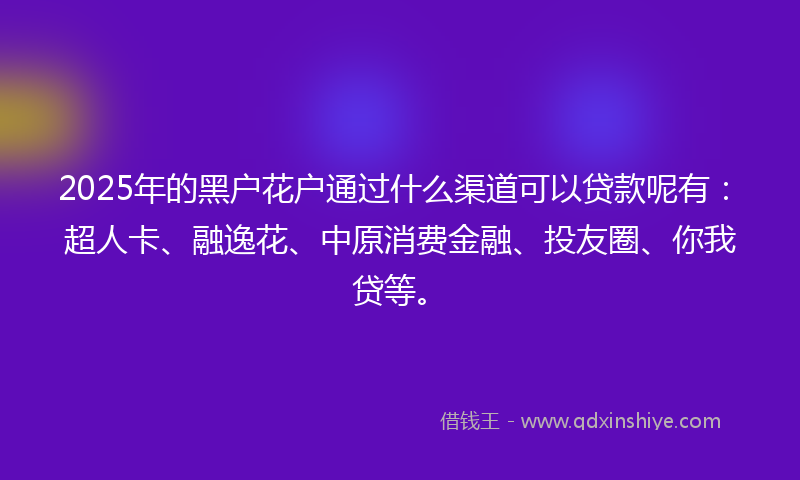 2025年的黑户花户通过什么渠道可以贷款呢有：超人卡、融逸花、中原消费金融、投友圈、你我贷等。