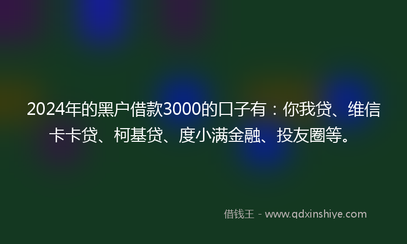 2024年的黑户借款3000的口子有：你我贷、维信卡卡贷、柯基贷、度小满金融、投友圈等。