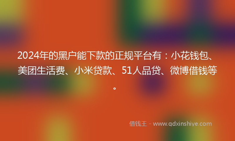 2024年的黑户能下款的正规平台有：小花钱包、美团生活费、小米贷款、51人品贷、微博借钱等。