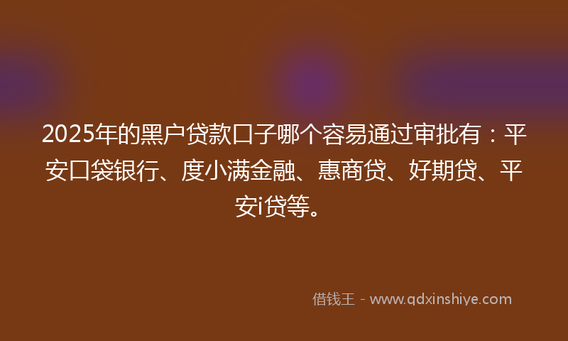 2025年的黑户贷款口子哪个容易通过审批有：平安口袋银行、度小满金融、惠商贷、好期贷、平安i贷等。