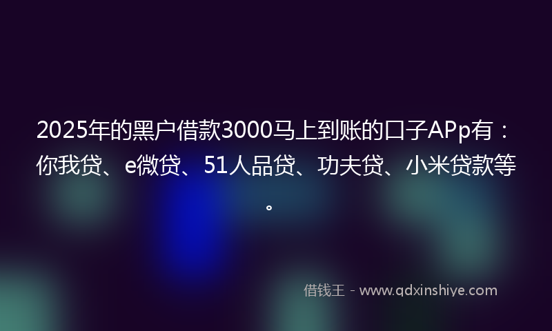 2025年的黑户借款3000马上到账的口子APp有：你我贷、e微贷、51人品贷、功夫贷、小米贷款等。