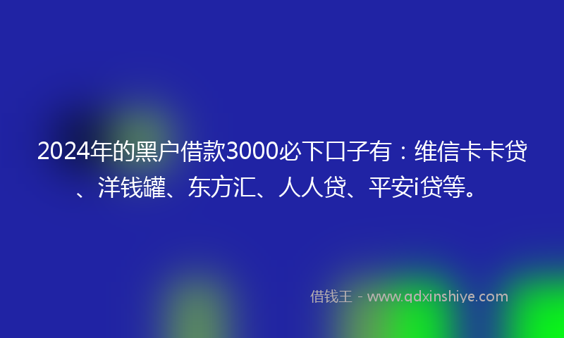 2024年的黑户借款3000必下口子有：维信卡卡贷、洋钱罐、东方汇、人人贷、平安i贷等。