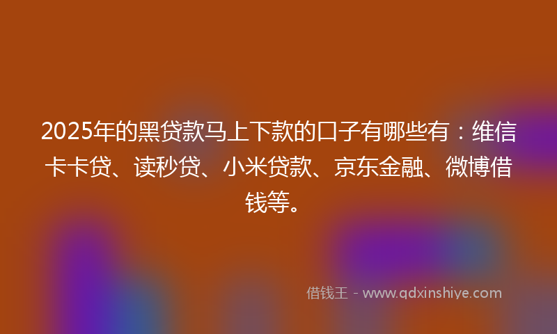 2025年的黑贷款马上下款的口子有哪些有：维信卡卡贷、读秒贷、小米贷款、京东金融、微博借钱等。
