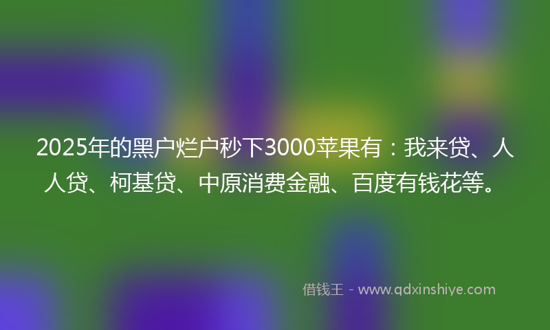 2025年的黑户烂户秒下3000苹果有：我来贷、人人贷、柯基贷、中原消费金融、百度有钱花等。