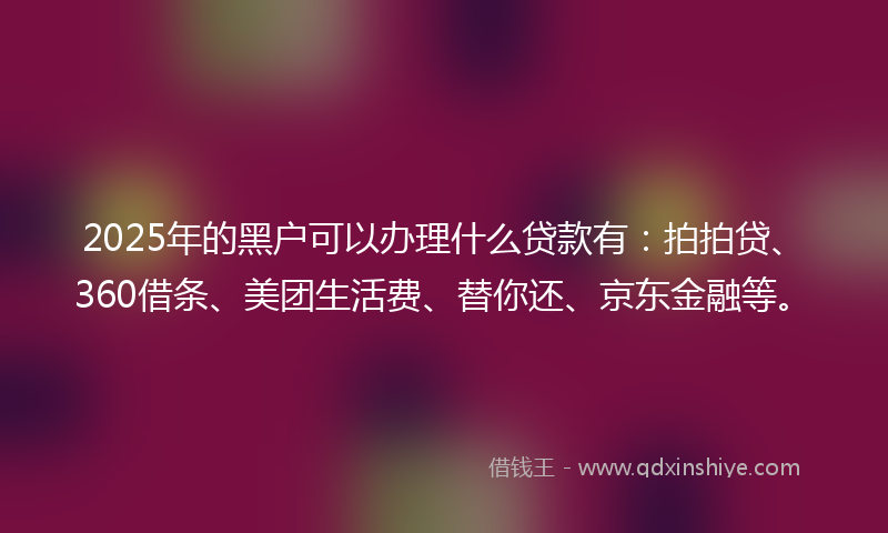 2025年的黑户可以办理什么贷款有：拍拍贷、360借条、美团生活费、替你还、京东金融等。