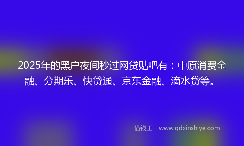 2025年的黑户夜间秒过网贷贴吧有：中原消费金融、分期乐、快贷通、京东金融、滴水贷等。