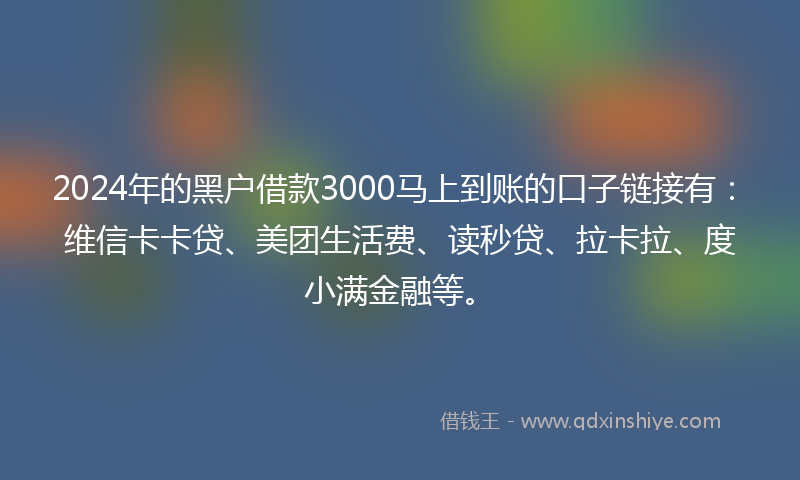 2024年的黑户借款3000马上到账的口子链接有：维信卡卡贷、美团生活费、读秒贷、拉卡拉、度小满金融等。