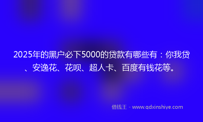2025年的黑户必下5000的贷款有哪些有：你我贷、安逸花、花呗、超人卡、百度有钱花等。
