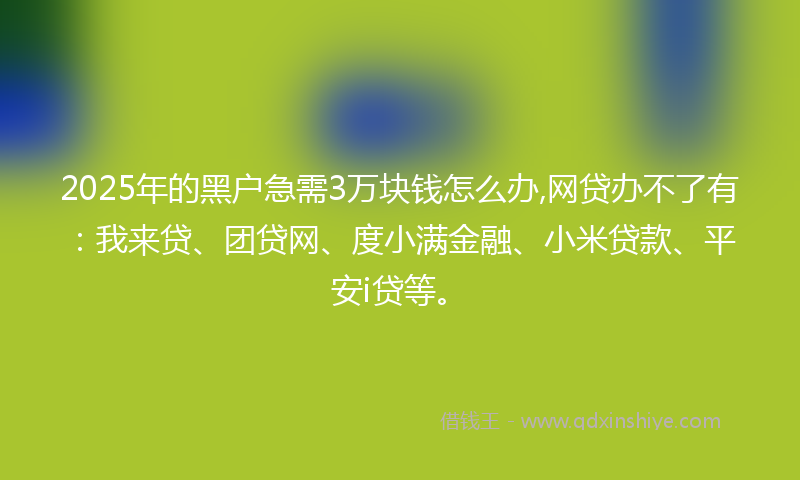 2025年的黑户急需3万块钱怎么办,网贷办不了有：我来贷、团贷网、度小满金融、小米贷款、平安i贷等。