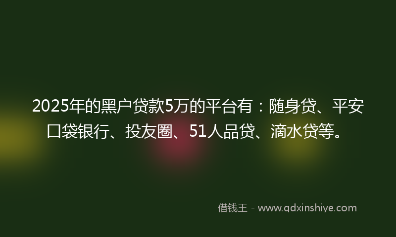 2025年的黑户贷款5万的平台有：随身贷、平安口袋银行、投友圈、51人品贷、滴水贷等。
