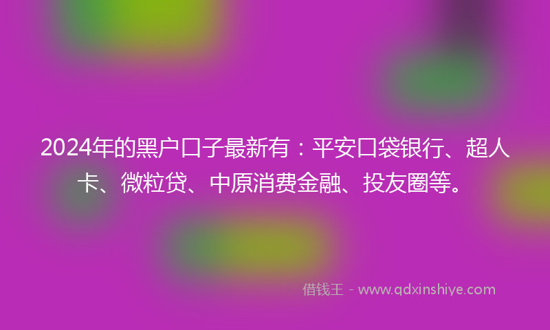 2024年的黑户口子最新有：平安口袋银行、超人卡、微粒贷、中原消费金融、投友圈等。