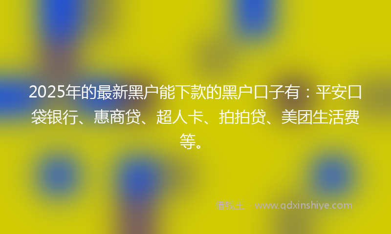2025年的最新黑户能下款的黑户口子有：平安口袋银行、惠商贷、超人卡、拍拍贷、美团生活费等。
