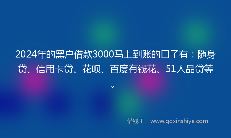 2024年的黑户借款3000马上到账的口子有：随身贷、信用卡贷、花呗、百度有钱花、51人品贷等。