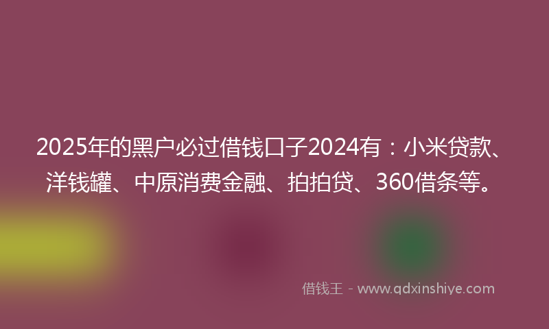 2025年的黑户必过借钱口子2024有：小米贷款、洋钱罐、中原消费金融、拍拍贷、360借条等。